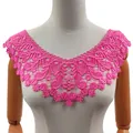 Detailed view of bright pink water-soluble lace neckline applique shown on mannequin - Rose Red