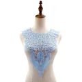 Close-up of delicate light blue water-soluble lace collar with intricate heart embroidery - Sky Blue