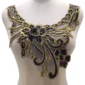 Detailed view of black and gold embroidered lace floral collar applique for DIY sewing - Black & Gold