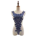 Detailed view of a navy blue water-soluble lace collar applique with hollow-out embroidery. - Dark Blue