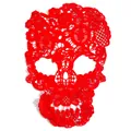 Detailed macro view of a red milk silk water-soluble lace skull embroidery craft patch - Red