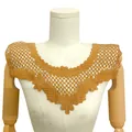 Close-up detail of a brown floral water-soluble lace collar with intricate 3D embroidery - Gold Coffee
