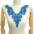 Close-up detail of blue water-soluble lace collar with floral embroidery pattern - 33cmx27cm / Sapphire Blue