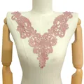 Close-up of pink V-neck embroidered lace collar with hollow-out floral details - 33cmx27cm / Pink