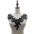 Detailed view of black PU leather embroidered rose flower lace collar applique patch - Rose Floral V-Neck Style / Black