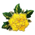 Close-up of a multi-layer yellow rose embroidered patch with green leaves and gold edges - Yellow Rose