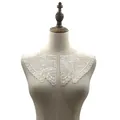 Detail view of white lace organza embroidered collar with polka dots on a mannequin - White