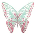 Detailed view of a mint green and pink butterfly embroidered lace applique patch - Butterfly Pattern (LG481) / Cyan