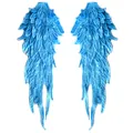 Detailed view of sky blue embroidered angel wing lace patches with heavy textures - One Pair / Glossy Blue