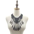 Detailed view of elegant black water-soluble lace tassel collar with hollow embroidery - Black