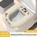 Waterproof cream-colored cartoon dog and polka dot adhesive toilet seat cover with handle - Beige Hat Dog Polka Dot