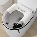 Thickened waterproof plush toilet seat cover with cute cat embroidery and zipper closure - Gray White Two-tone Black Cat