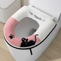 Thick plush toilet seat cover featuring cute black cat embroidery in pink and white - Pink White Two-tone Black Cat