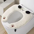 Funda gruesa de felpa blanca para asiento de inodoro con orejas y huellas de perro - Perro de Orejas Negras (Estilo Coreano) / Blanco