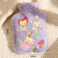 Cute purple plush covered hot water bottle with cartoon cat and strawberry pattern, 20x14cm size - 600ml / Purple