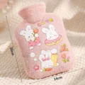 Cute pink plush hot water bottle featuring adorable cartoon rabbit patterns, 14x20cm. - 600ml / Pink
