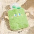 Soft plush cover hot water bag in light green with cute embroidered cartoon facial expression - 1000ml / Light Green