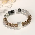 Elegantes 8/10mm Armband aus Rauchquarz und Mondstein mit silbernem strukturiertem Würfel - 8mm Rauchquarz Grauer Mondstein Stil / 8mm