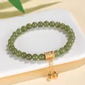 Elegant ethnic green jade bead bracelet with golden mantra barrel and bell charms, 6-8mm - Six-word Mantra Style / 6mm / 925 Silver 6mm Hetian Jade Six-Character Mantra Bracelet
