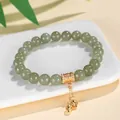 Natural green Hetian jade beaded bracelet with gold mantra charm - Six-word Mantra Style / 8mm / 925 Silver 8mm Hetian Jade Six-Character Mantra Bracelet