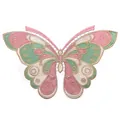Detail view of a large embroidered butterfly lace collar with gold thread accents. - Pink