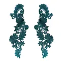 Detailed view of symmetrical teal 3D embroidered lace flower patches for DIY clothing - One Pair / Dark Green