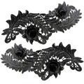 Detailed view of symmetrical black 3D lace embroidery floral patches for DIY fashion. - One Pair (2 Pieces) / Black