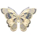 Macro view of intricate butterfly embroidered patch collar featuring gold thread and grey lace. - Dark Gray