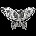 Detailed macro view of white embroidered butterfly patch showing intricate lace texture - Style 522 / White
