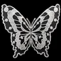 High-definition close-up of intricate white butterfly embroidery lace patch on black organza - Style 523 / White