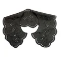 Macro view of black embroidered hollow lace detachable collar with scalloped edges. - Black