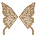 Detail des goldfarbenen Schmetterlings-Spitzenaufnähers mit feiner Netzstruktur und Stickerei - Goldkaffee