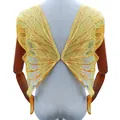 Detailed close-up of large yellow embroidered butterfly wing lace applique for lingerie decoration. - Yellow