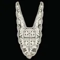 Detailed macro view showing the intricate white cotton embroidery on this lace collar applique - Apricot