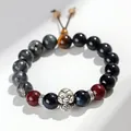Handmade 999 silver zodiac snake charm bracelet with black agate and blue tiger eye beads - Fine Silver Fortune Snake Bracelet