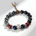 Handmade silver snake zodiac year bracelet with black agate and blue tiger eye gemstone beads - Fine Silver Snake Auspicious Cloud Bracelet