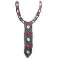 Detailed view of gray Y-shaped embroidered lace collar with pink and green floral patterns - Style 1# Black Multicolor