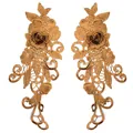 Pair of symmetrical 3D bronze floral lace appliques with intricate hollow embroidery detail - Gold Coffee