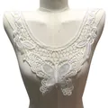 Close-up of white water-soluble lace fake collar with butterfly and hollow floral embroidery. - White