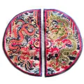 Detailed view of ethnic dragon embroidery patches on white organza mesh fabric - Double Dragons / 12x21.5cm