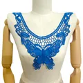 Detailed view of blue water-soluble lace fake collar with butterfly embroidery pattern - Blue