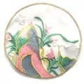Close-up detail of circular ethnic landscape embroidery patch on white organza - Landscape / Diameter 14cm