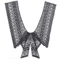 Detailed macro view of dark grey water-soluble milk silk embroidery lace collar with bow - Style 2 / Black