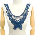 Detailed view of blue water-soluble lace collar with butterfly embroidery pattern - Dark Blue