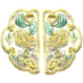 Detailed macro view of yellow floral embroidery appliques on sheer white organza fabric - Small Yellow Flower / 7.2x12.2cm