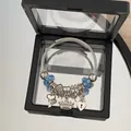 Silver charm bracelet with blue beads, heart key and crown charms in display box - Multi-Element Open Bangle / Sky Blue Heart Crown Bracelet