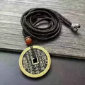 Traditional handcrafted braided rope necklace with vintage brass Taoist Shan Gui coin pendant - Necklace / Black