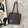 Brown houndstooth woolen tote bag, retro casual shoulder bag for women winter style. - Blue Houndstooth