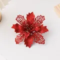Red glitter hollow artificial Christmas flower head for tree decor, festive party supply. - Hollow Three-Leaf Red