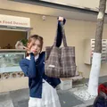 Sac cabas en laine à carreaux automne hiver grand sac épaule décontracté pour femme - Plaid Café